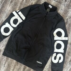 Adidas Sweatshirt Mens Large Black Full Zip Logo Pullover Spell Out Track